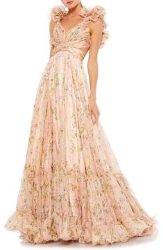 Free shipping and returns on Mac Duggal Floral Chiffon Cutout Ballgown at Nordstrom.com. Dramatic shoulder accents mimic delicate fairy wings on this romantic floor-length gown featuring cheeky cutouts and a layered skirt overflowing with ruffles. Parade Dress, Mac Duggal Dress, Chiffon Evening Dresses, Floral Gown, Chiffon Fashion, Floor Length Gown, Mac Duggal, Chiffon Gown, Ball Gown Dresses