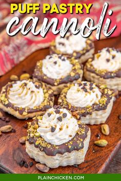 puff pastry cannoli on a wooden platter with text overlay that reads puff pastry cannoli