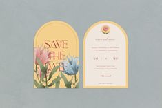 an image of save the date card with flowers and leaves on it's back