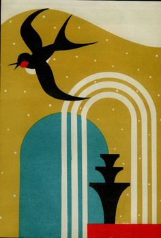 an art deco poster with a bird flying over a fountain and water spouting from it's sides