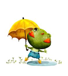 a frog with an umbrella is walking in the rain