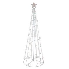 a metal christmas tree with lights on it's sides and a star hanging from the top