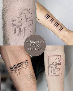 three different types of tattoos with piano and piano keyboard on their arms, one is black and white