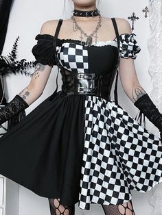 Puff sleeves,Square-cut collar,Asymmetry chessboard,Material: Polyester Color: Black White Unit: CM Sleeve Bust Waist Length S 23 78-92 56-78 64 M 23.5 82-96 60-82 66 L 24 86-100 64-86 68 * 1cm ≈ 0.3937 inch Note: There may be 2-3cm error due to manual measurement. If you need size help, please drop us a message, we'd love to help. Gothic Outfits, Goth Outfits, Alternative Outfits, Rave Outfits, Edgy Outfits, Thigh High