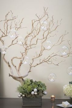 a table topped with a vase filled with flowers and bubbles hanging from it's branches