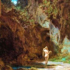 a painting of a nude woman walking into a cave