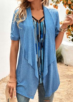 ROTITA Fake 2in1 Geometric Print Blue V Neck Blouse Stylish Tunic, Colorful Clothes, Summer Items, Womens Jackets Casual, Stripe Outfits, Half Sleeve Blouse, Blue V, Clothing Sets, V Neck Blouse