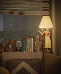 a lamp sitting on top of a table next to a book shelf filled with books