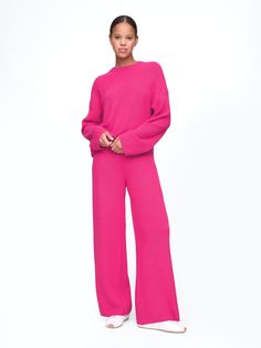 Supersoft cotton-blend, shaker-stitch sweater pants.  Elasticized waist.  Fit: Slim.  A semi-fitted silhouette that fits close to the body at the waist and hip, with a slight ease through the thigh.  Wide leg.  Models wearing Gap Plush Yarn, Stitch Sweater, Sweat Suit, Everyday Luxury, Brand Collaboration, Cozy Outfit, Sweater Pants, Fitted Silhouette, Toddler Gifts