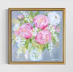 a painting of pink and white flowers in a glass vase on a gray background with gold frame