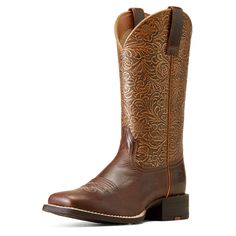 As at home in the stirrup as it is on the dance floor, this rich, full-grain leather boot is cushioned and breathable, delivering on both classic cowgirl style and reliable all-day comfort. Round Up Wide Square Toe Western Boot | Product Features : 0 : ATS® technology provides ergonomic support on uneven terrain, 1 : Removable All Day Cushioning insole, 2 : Duratread™ sole is extremely durable while still letting your foot flex, 3 : Four-row stitch pattern | Women's Round Up Wide Square Toe West Brown Ariat Booties, Square Boots, Cowgirl Boots Square Toed, Ariat Women, Boot Scootin Boogie, Square Toe Western Boots, Womens Cowgirl Boots, Ariat Boots, Leather Western Boots