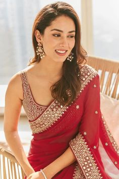 Embroidered Georgette Cherry Red Light Weight Saree SARV176783 Red Saree For Wedding, Saree For Wedding Party, Red Wedding Saree, Red Saree Blouse, Designer Lehnga Choli, Sabyasachi Designer, Saree For Wedding, Hair Style On Saree, Traditional Festival