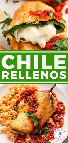 some food is on a white plate and green lettering reads chile rellenos over it