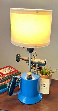 a blue lamp sitting on top of a wooden table next to books and a plant