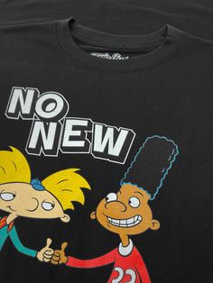 Hey, Arnold! Our team paid tribute to buddies Arnold and Gerald with a graphic tee featuring the cartoon duo, along with the "No New Friends" text. To complete the retro look and feel of this Hey Arnold shirt - we've printed the graphic on a soft, black cotton tee. 100% Cotton Soft Touch Tee Machine Wash Tumble Dry Regular Fit Printed in USA Pop Culture Graphic Print Tops For Fan Conventions, Funny Graphic Print Top For Fans, Retro Black T-shirt With Cartoon Print, Funny Graphic Print Tops For Fan Merchandise, Funny Graphic T-shirt For Fans, Funny Graphic Design T-shirt For Fans, Retro Black T-shirt For Fan Conventions, Fan Apparel Tops With Graphic Design For Conventions, Funny Print Tops For Fan Merchandise