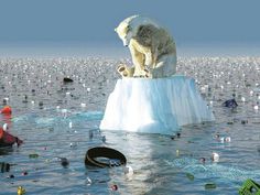 a polar bear sitting on top of an iceberg in the middle of some water