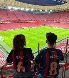 two people are sitting in the stands at a soccer stadium looking out on the field