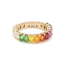 Rainbow sapphire diamond eternity band ring 14K gold | Natural rainbow sapphire ring | Emerald cut rainbow sapphire ring | Rainbow ring gold STONE DETAILS : ✦ Gemstone : Rainbow Sapphire and Tsavorite Garnet ✦ Gemstone Type : Natural ✦ Gemstone Size : 4x3 mm ✦ Gemstone Shape : Emerald cut / Octagon cut ✦ Number of gemstones : 10 ✦ Gemstone Weight : 3-4 carats ✦ Gemstone Grade : AAA DIAMOND DETAILS : ✦ Diamond Type : Natural ✦ Diamond Size : 3.50 mm ✦ Diamond Color : I-J ✦ Diamond Clarity : Sligh Rainbow Sapphire Ring Fine Jewelry Gift, Rainbow Sapphire Ring As Gift, Rainbow Sapphire Ring For Gift, Rainbow Diamond Jewelry With Multi-stone, Rainbow 14k Gold Stackable Jewelry, Rainbow Multi-stone Diamond Jewelry, Rainbow Sapphire Gemstone Ring, Rainbow Diamond Jewelry Gift, 14k Gold Rainbow Multi-stone Jewelry