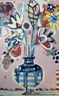 a painting of flowers in a blue vase