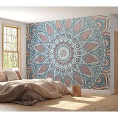 a bedroom with a large tapestry on the wall