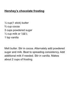 a recipe for chocolate frosting on a white background with text below it that reads hershey's chocolate frosting