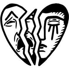 a black and white drawing of two faces in the shape of a heart, with one facing each other