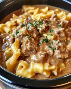 a close up of a bowl of food with meat and noodles in sauce on it