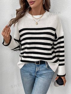 Style:Casual \nType:Pullovers \nNeckline:Round Neck \nHem Shaped:Tight Hem \nSleeve Type:Drop Shoulder \nColor:Black and White \nPattern Type:Colorblock \nPattern Type:Striped \nSleeve Length:Long Sleeve \nLength:Regular \nTemperature:Late Fall (10-17℃/50-63℉) \nFit Type:Loose \nFabric:Medium Stretch \nMaterial:Knitwear \nComposition:44% Acrylic \nComposition:29% Polyester \nComposition:27% Polyamide \nCare Instructions:Machine wash or professional dry clean \nSheer:No \n Crop Sweatshirt Hoodie, Work Sweaters, Nautical Design, Black And White Style, College Style, Fashion Tights, White Sweater, College Fashion, Casual Sweaters