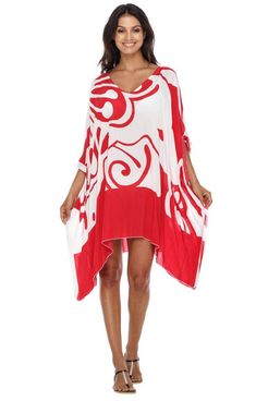 SHU - SHI Women's Short Beach Caftan - Butterfly Loose Swimsuit Cover - Up Red V-neck Beach Dress For Vacation, Red V-neck Beach Dress For Beach Season, Flowy White Cover-up For Vacation, White Upf 50+ Cover-up For Vacation, Casual Red V-neck Kaftan, Red V-neck Kaftan For The Beach, Red Casual Beach Dress For Spring, Red Short Sleeve Swimwear, Spring Vacation Kaftan With Batwing Sleeve