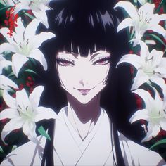 an anime character with black hair and red eyes surrounded by white flowers