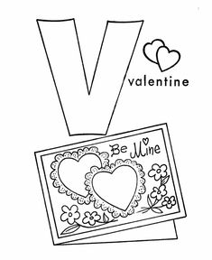 valentine's day coloring pages with the letter v and two hearts on top of it