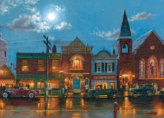 a painting of an old town at night with cars parked on the side of the street