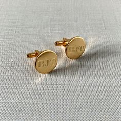 A pair of polished gold-plated finish round cuff links. Optional machine engraving is available, we suggest the Circle Block Monogram style. Circle Monogram, Monogram Styles, Jewel Box, The Circle, Cuff Links, Hand Engraving, Cufflinks, Initials, Gold Plate