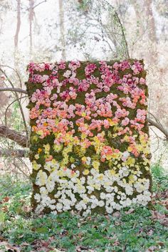 a blanket made out of moss and flowers in the woods, with trees behind it