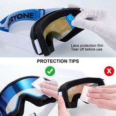 two images showing how to use protective goggles