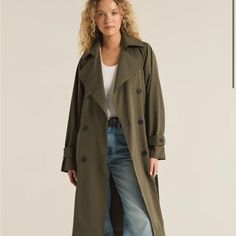 Beautiful Green Trench Coat - Only Worn A Few Times Chic Khaki Double-breasted Outerwear, Chic Spring Gabardine Outerwear, Chic Gabardine Pea Coat For Spring, Chic Spring Gabardine Pea Coat, Chic Gabardine Pea Coat For Fall, Chic Khaki Button-up Outerwear, Chic Gabardine Pea Coat With Long Sleeves, Chic Khaki Gabardine Outerwear, Spring Utility Outerwear In Gabardine