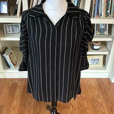 Such A Classy Black And White Stripe Button Front 3/4 Sleeve Blouse From Dr2! Black With White Stripes, 3/4 Sleeves With A Fun Twist Detail (Super Unique!), Longer Length In Back To Cover Bum. Polyester. Great Classic, Timeless, Minimalist Shirt! Loose Oversized Fit And Longer Length In Back Looks Great With Leggings Or Slim Cut Pants! Perfect For Everyday, Casual, Business Casual, Office. Easily Dresses Up Or Down Depending On Styling. Perfect Capsule Wardrobe Piece! Size Small, Nwt * Long Shir Black Half Sleeve Shirt For Workwear, Black Half Sleeve Shirt For Work, Half Sleeve Blouse With Button Closure For Work, Chic Half Sleeve Blouse With Button Closure, Chic 3/4 Sleeve Blouse With Buttons, Workwear Blouse With 3/4 Sleeves And Button Closure, Chic Blouse With 3/4 Sleeves And Buttons, 3/4 Sleeve Blouse With Button Closure For Work, Chic Blouse With 3/4 Sleeves And Button Closure