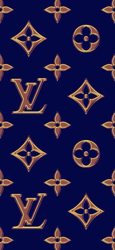 a blue and gold wallpaper with an image of louis vuitton