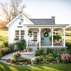 a small white house with steps leading up to the front door and flowers in pots