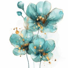 three blue flowers with gold centers on a white background and watercolor splashes around them