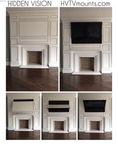 four different views of a fireplace with built - in shelves and tv above the mantel