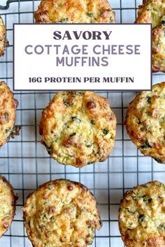 several muffins on a cooling rack with the words savory cottage cheese muffins