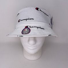 Nwt Champion Logo Script Bucket Hat L/Xl White All Over Print Spellout Beach Trendy White Bucket Hat For Beach, White Cotton Bucket Hat For Summer, Letter Print Visor Hats For The Beach, Beach Visor Hat With Letter Print, Trendy White Bucket Hat For Outdoor, White Cotton Bucket Hat One Size, White Cotton Vacation Hat, Adjustable White Cotton Bucket Hat, Trendy White Brimmed Bucket Hat