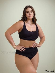 Olivia Mark - Stylish Plus Size Bikini Set - Womens Solid Ribbed Button Up Bra & Underwear Two Piece Set Stylish Plus, Two Piece Set, Olivia Mark, Stylish Women, Women's Intimates, Button Up, Two Piece, Plus Size, Black