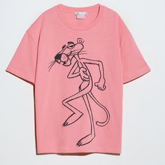 Zara Pink Panther T-Shirt New With Tags Size: Small Color: Pink/ Black Drop Shoulder Crew Neck Full Pink Panther On Front Face On Back 100% Cotton Pink Cartoon Print Shirt For Summer, Zara Tops With Graphic Print And Relaxed Fit, Zara Pink Casual T-shirt, Pink Cartoon Print Crew Neck Top, Pink Crew Neck Top With Cartoon Print, Pink Graphic Print Crew Neck Top, Pink Short Sleeve Shirt With Cartoon Print, Casual Pink Shirt With Funny Print, Relaxed Fit Pink Top With Funny Print