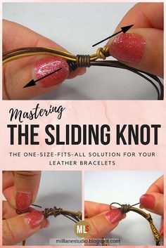 instructions for how to tie the binding knot on your leather bracelets with gold and pink glitter