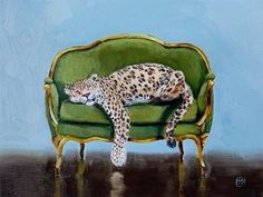 a painting of a leopard laying on a green couch