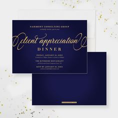 a blue and gold event card with the word talent appreciation dinner written in gold on it