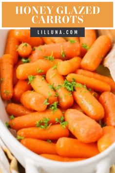 honey glazed carrots in a white bowl with parsley on top and text overlay reading honey glazed carrots