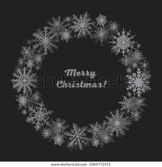 merry christmas wreath with snowflakes on black background